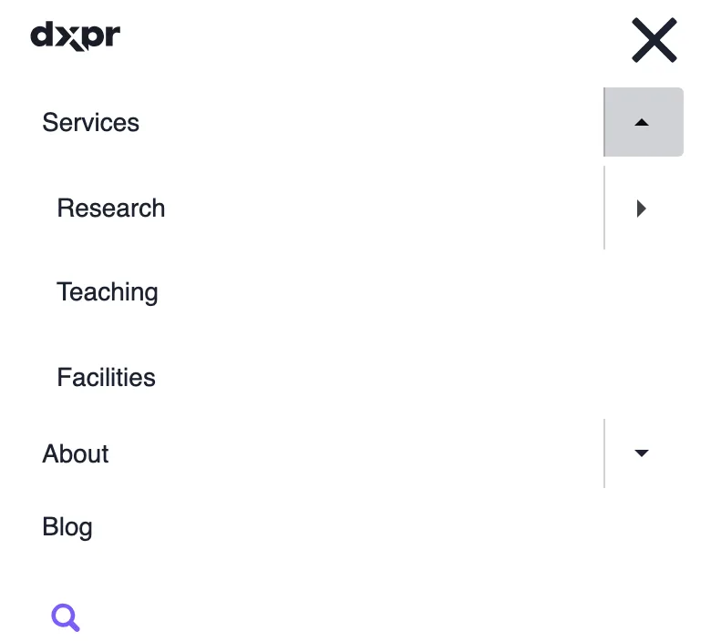 The DXPR Theme mobile menu on a phone with Services expanded to Research, Teaching and Facilities, a caret next to Research, then About and Blog