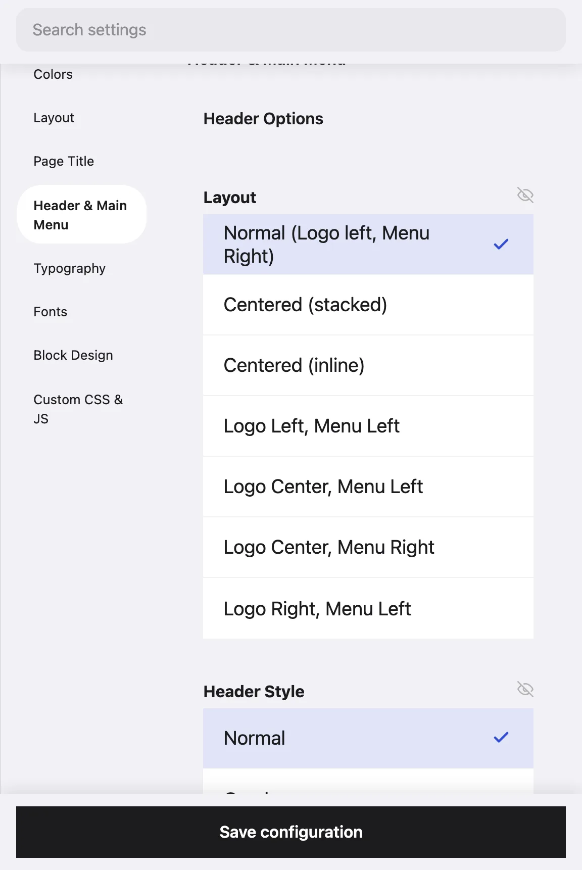 DXPR Theme settings, Header and Main Menu tab: the seven header layouts with Normal (Logo left, Menu Right) selected, and Header Style
