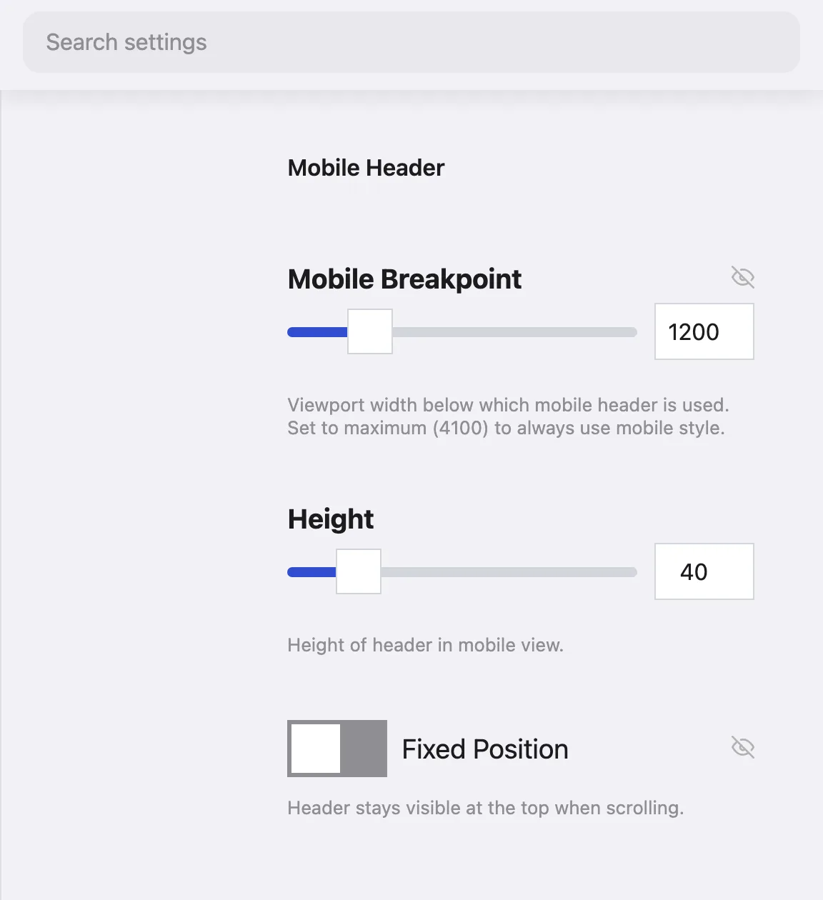 DXPR Theme Mobile Header settings: Mobile Breakpoint 1200, Height 40 and the Fixed Position switch