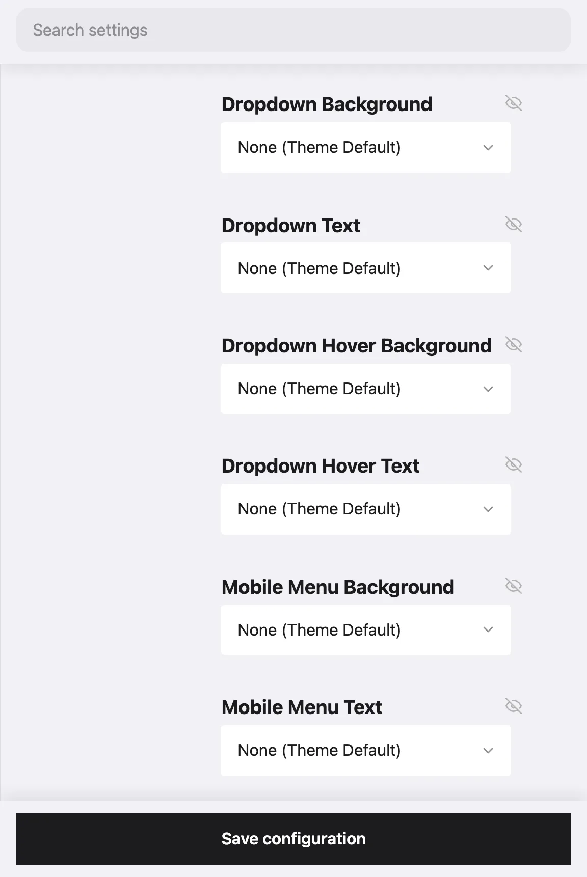 DXPR Theme Custom Header Colors: Dropdown Background, Dropdown Text, their hover variants and the Mobile Menu colours, all set to None (Theme Default)