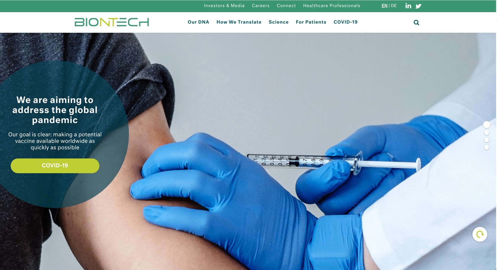 BioNTech corporate website with brand identity applied by DXPR Theme