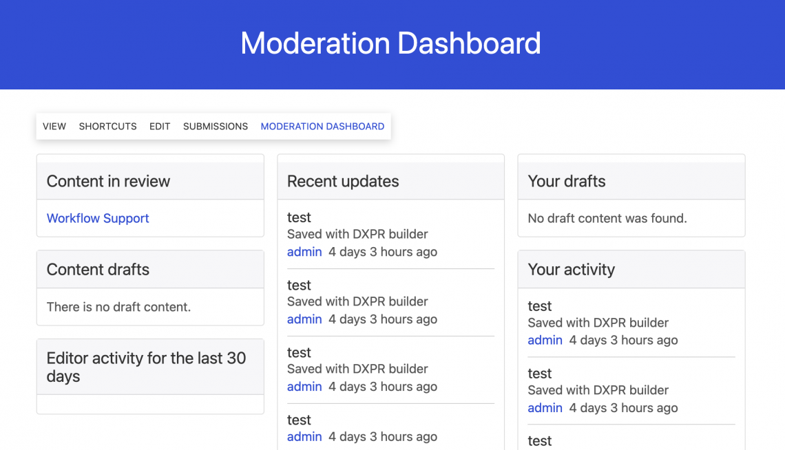 Moderation dashboard for managing content workflows with DXPR and Drupal
