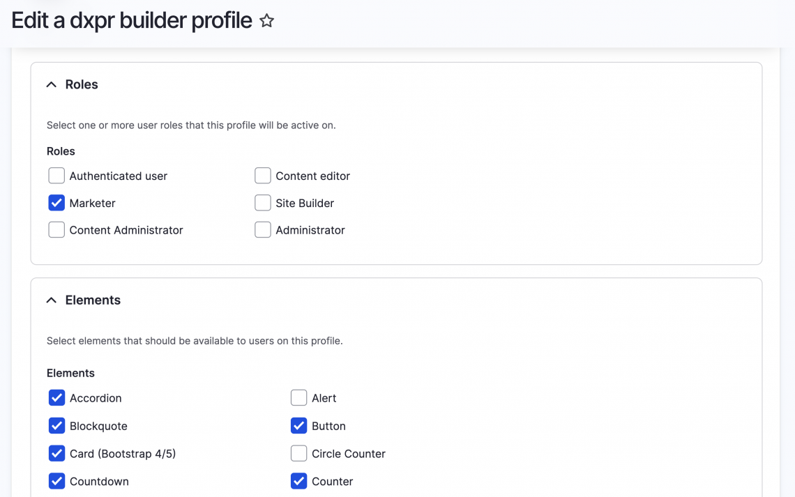 Creating user profiles to customize the DXPR Builder UI per role