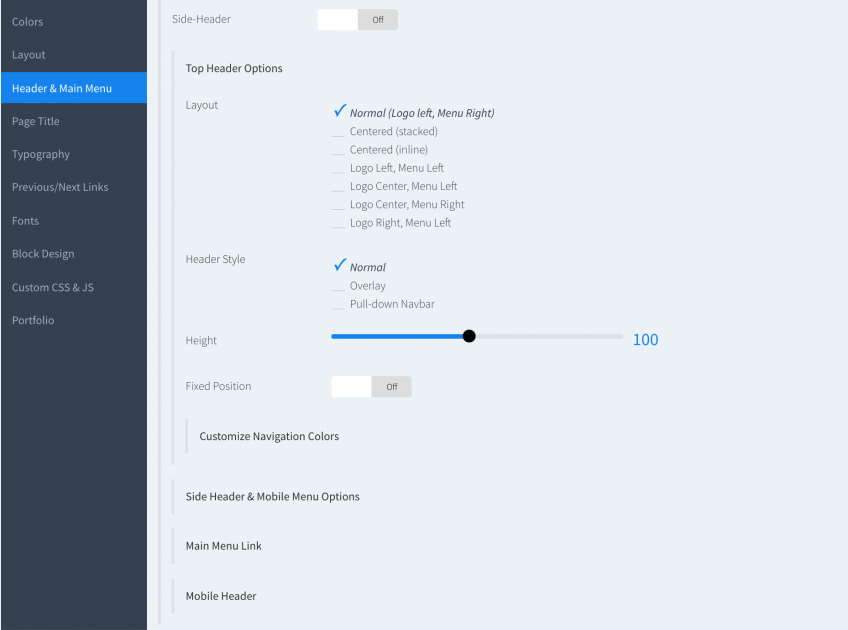 Glazed Theme Settings for dropdown menus