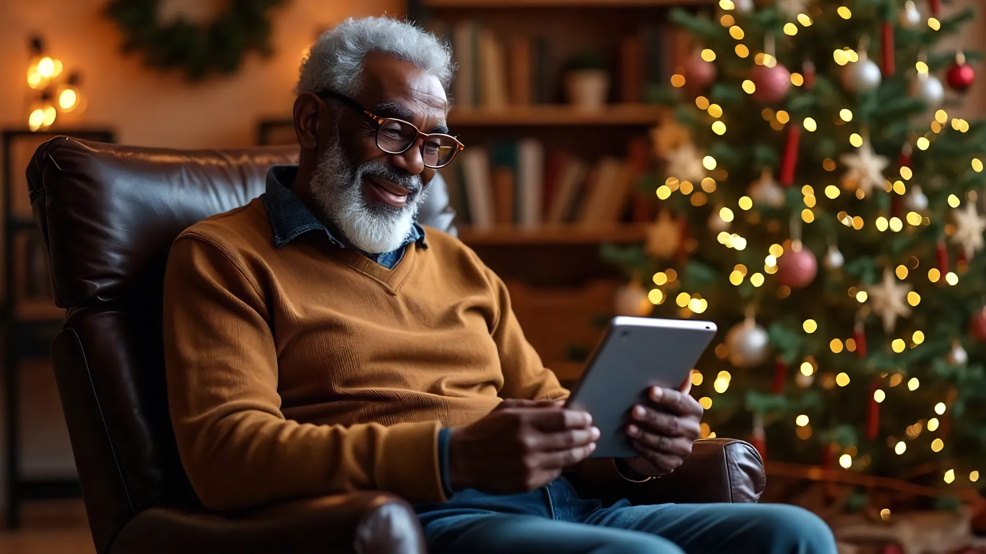 Happy elderly black man with thick glasses in big leather chair reading ipad next to christmas tree