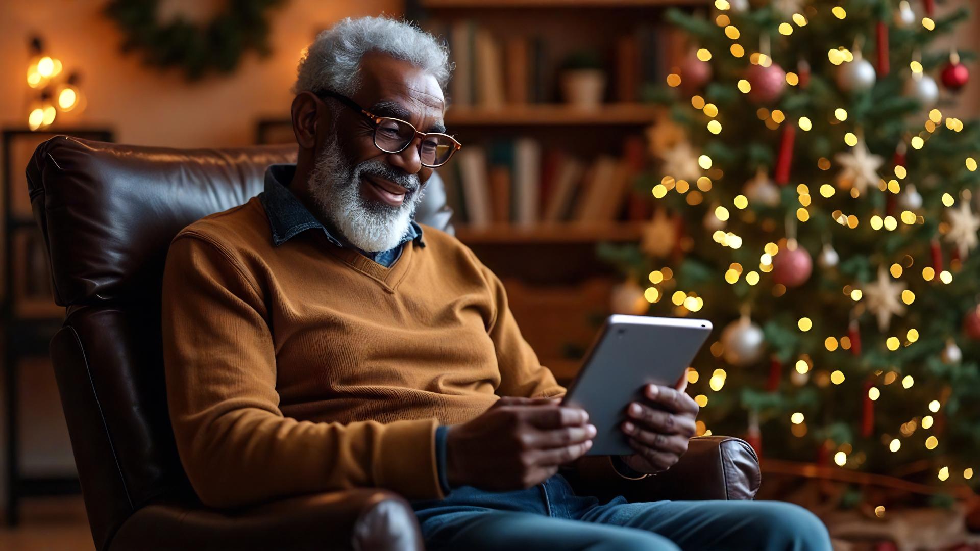 Happy elderly black man with thick glasses in big leather chair reading ipad next to christmas tree