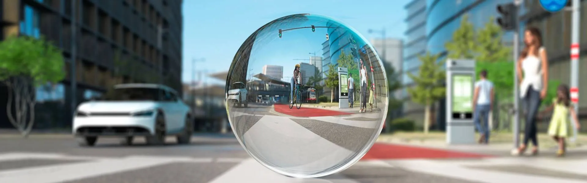 SWARCO brand visual showing a glass sphere reflecting a city street with a cyclist, tram, car, and traffic lights