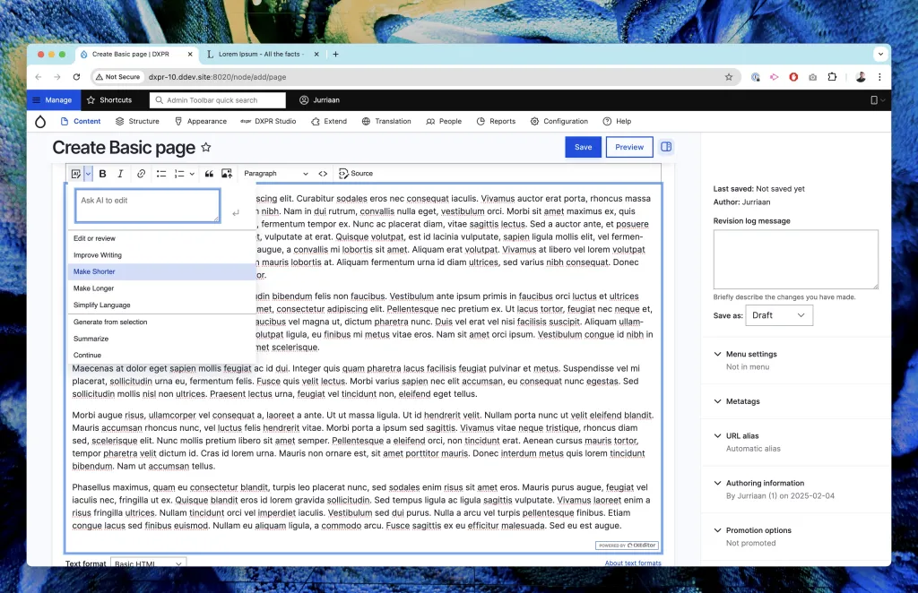 Drupal content editor interface on a desktop screen.