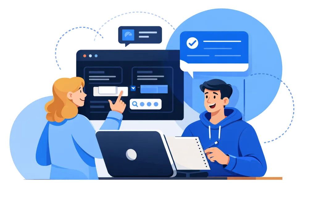 Two people discussing software interface in front of a laptop.