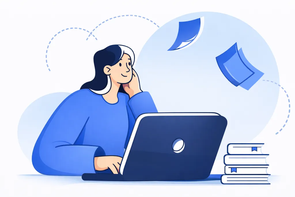 Person with laptop, leaning chin in hand, flying papers with ideas, and stack of books nearby.