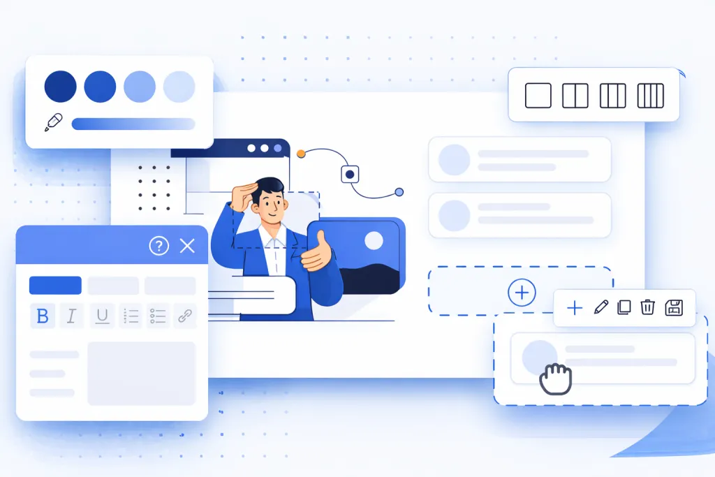 Illustration of a person at a computer with design elements floating around.