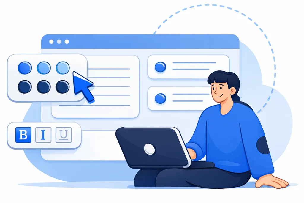 Person using a laptop with a large browser interface in the background.