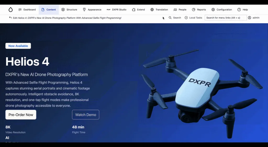 DXPR Builder 3 demo page showing AI-generated product landing page
