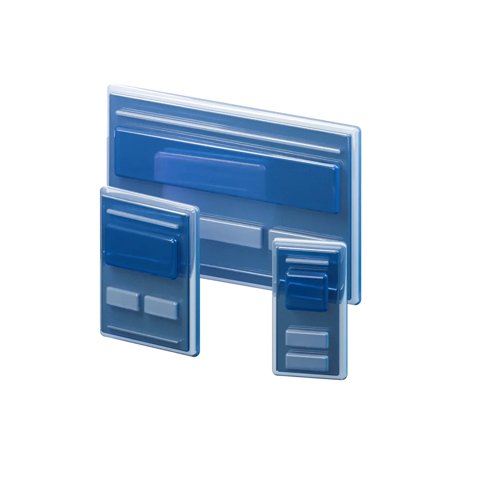 Three glass layouts representing desktop, tablet and mobile screens