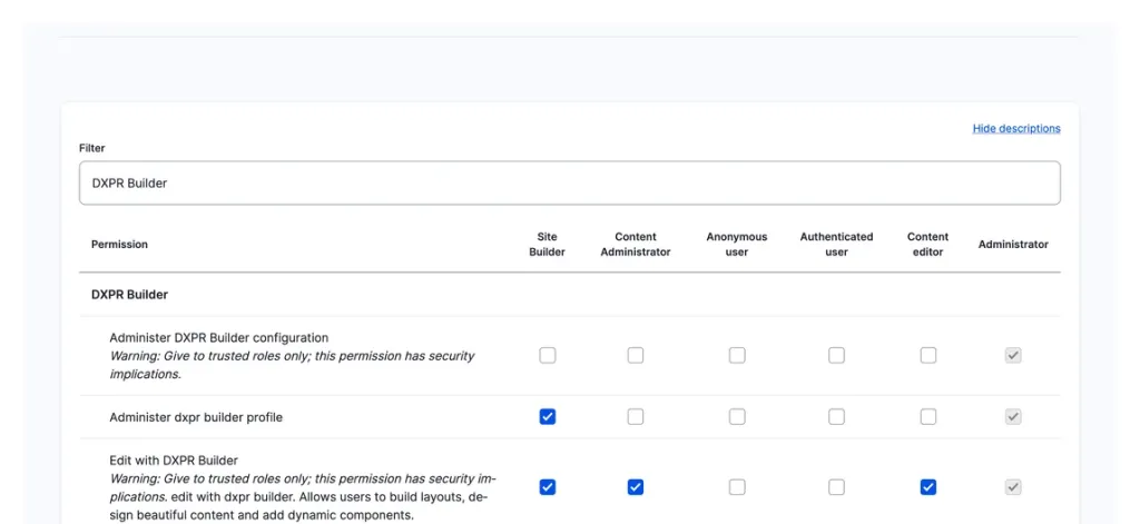 Permissions filtered to DXPR Builder showing role grants for editing with DXPR Builder.