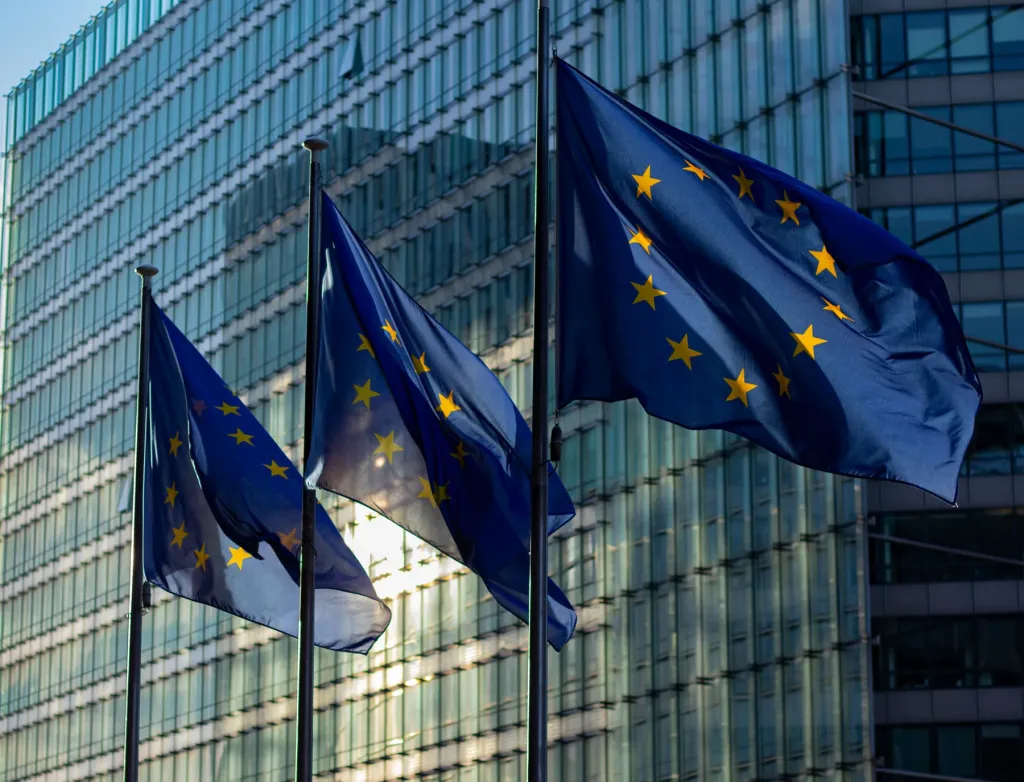 European Union flags flying outside the European Commission building in Brussels