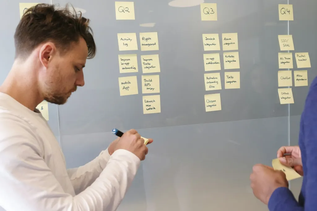 Ein Team mappt Priorit&auml;ten mit Klebezetteln an einem Planungsboard