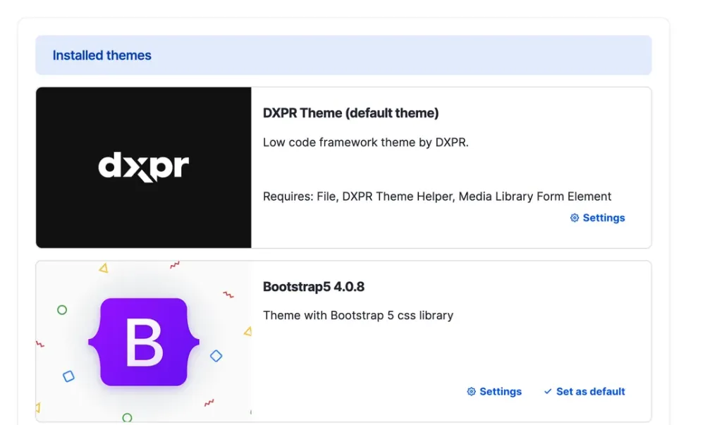 Installed themes listing with DXPR Theme as default on the Bootstrap 5 base theme.