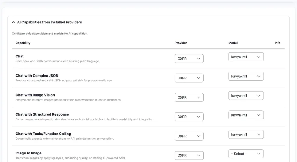 AI Capabilities table routing each capability through a configured provider and model.