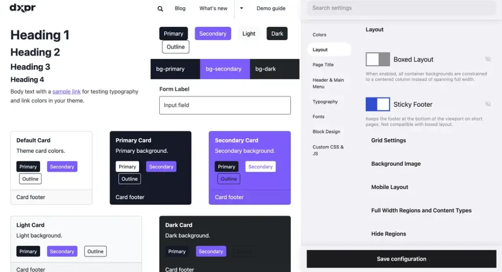 Theme Layout settings with Boxed Layout and Sticky Footer beside the live component preview.