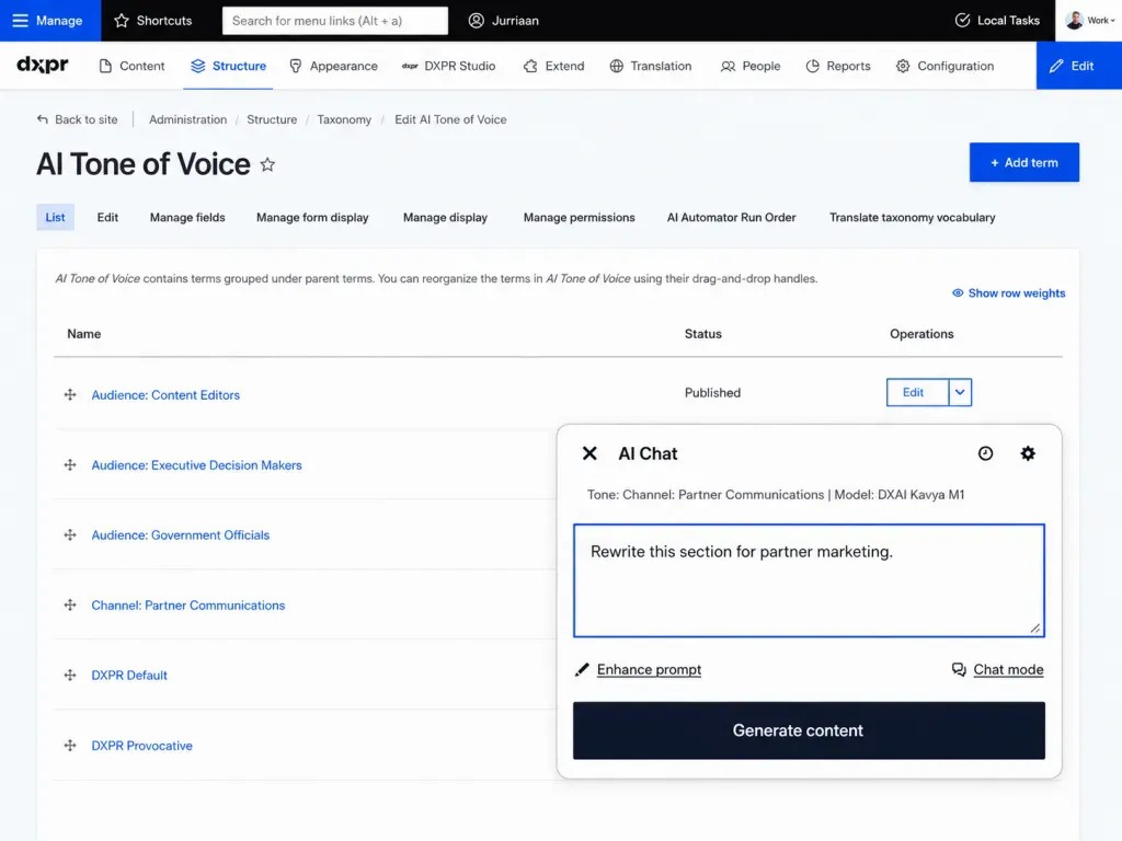 AI Tone of Voice taxonomy in Drupal with the DXPR AI chat panel open