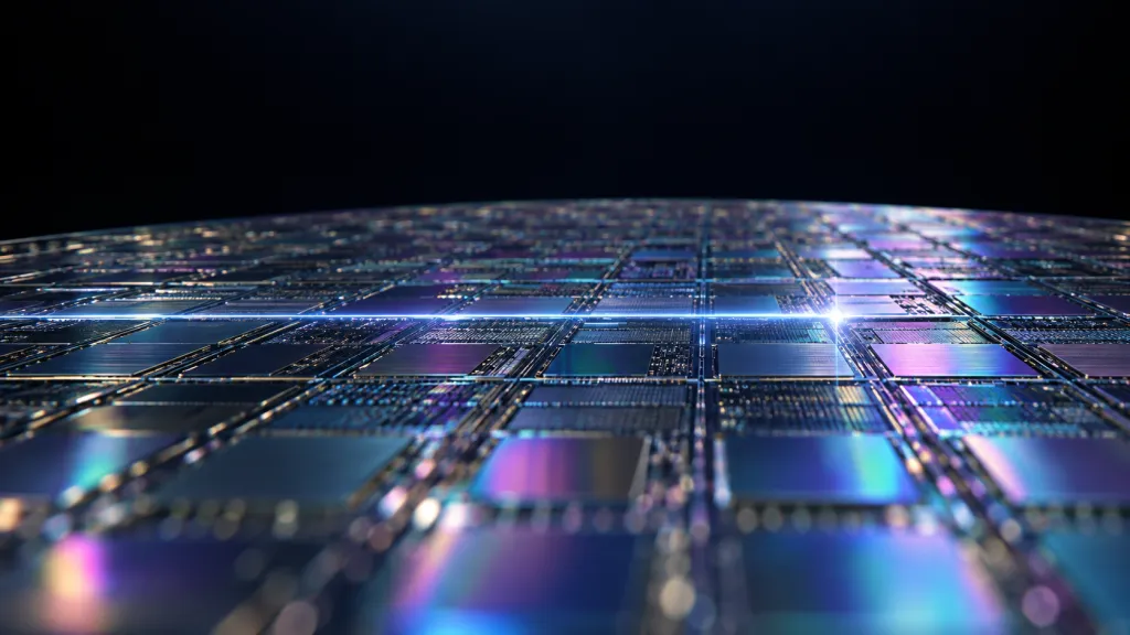 Silicon wafer macro: abstract metaphor for Quantumshot's foundational AI technology
