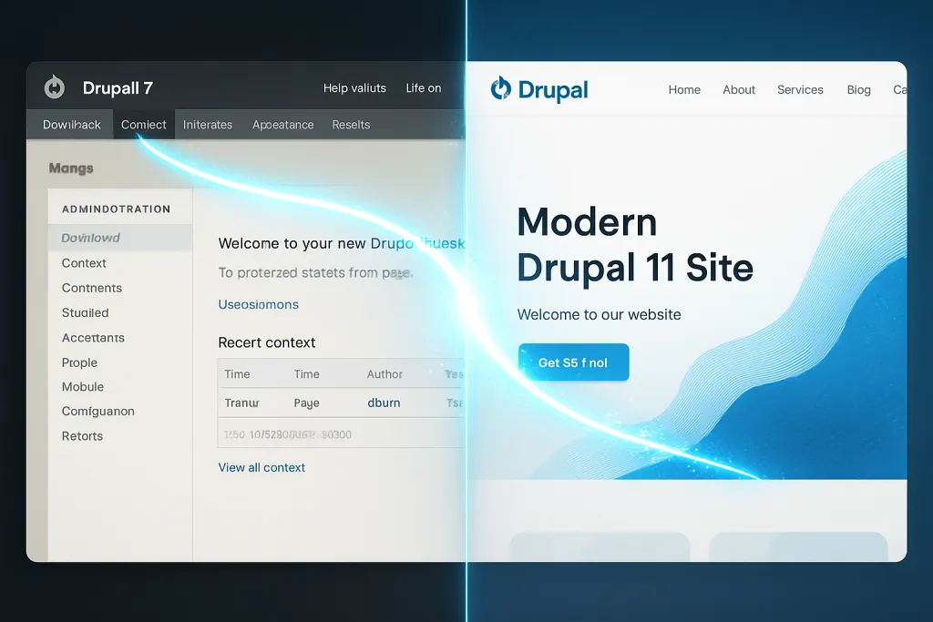 Split screen showing a Drupal 7 admin panel on the left and a modern Drupal 11 site on the right, connected by a glowing data stream